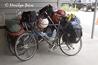 Fully loaded bicycles waiting to load onto the ferry in Skagway, AK