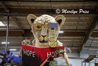 Bookish lion cub on the Lions float, Float construction barn, Los Angeles, CA