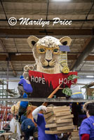 Bookish lion cub on the Lions float, Float construction barn, Los Angeles, CA