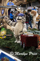 Shaggy cat on Wescom float, Float construction barn, Los Angeles, CA