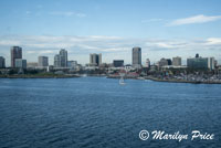 View of the lighthouse, restaurant, and city from Queen Mary, Long Beach, CA