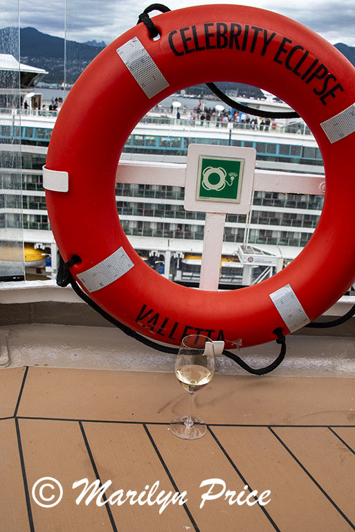 Ready for the cruise to begin (my wine, Royal Caribbean ship in background), Vancouver, BC, Canada