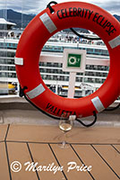 Ready for the cruise to begin (my wine, Royal Carribean ship in background), Vancouver, BC, Canada