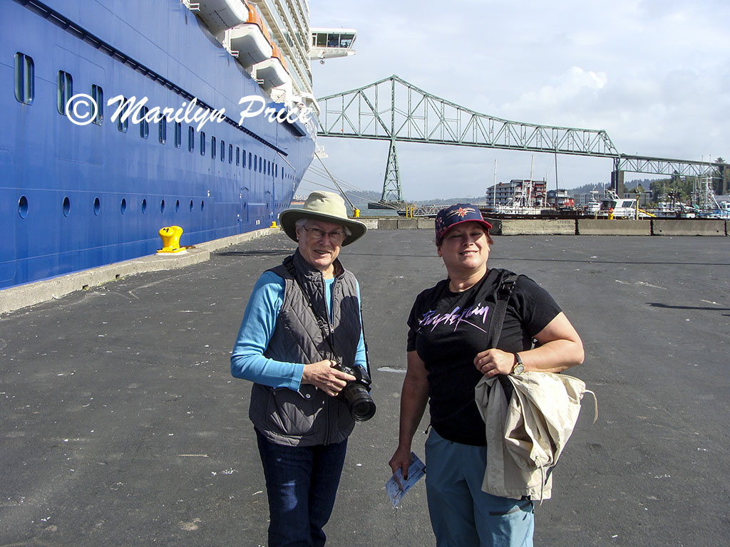 Marilyn and Kelly, our ship, and Astoria Bridge, Astoria, OR