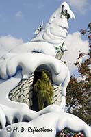 The Grinch scowls from Mount Crumpet, How the Grinch Stole Christmas, Universal Islands of Adventure, Orlando, FL