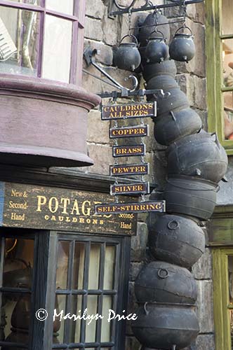 Display outside the Three Cauldrons Shop, Harry Potter section of Universal's Islands of Adventure, FL