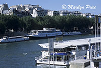 Boats along the Seine - dock in the foreground is for a company which gives tours of the Seine, Paris, France