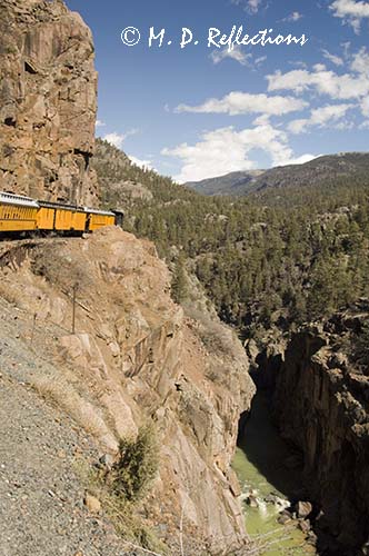 The train turns a corner high above the Animas River, Durango-Silverton Narrow Gauge Railroad, Durango, CO