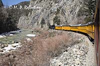 The train turns a corner near the Animas River, Durango-Silverton Narrow Gauge Railroad, Durango, CO