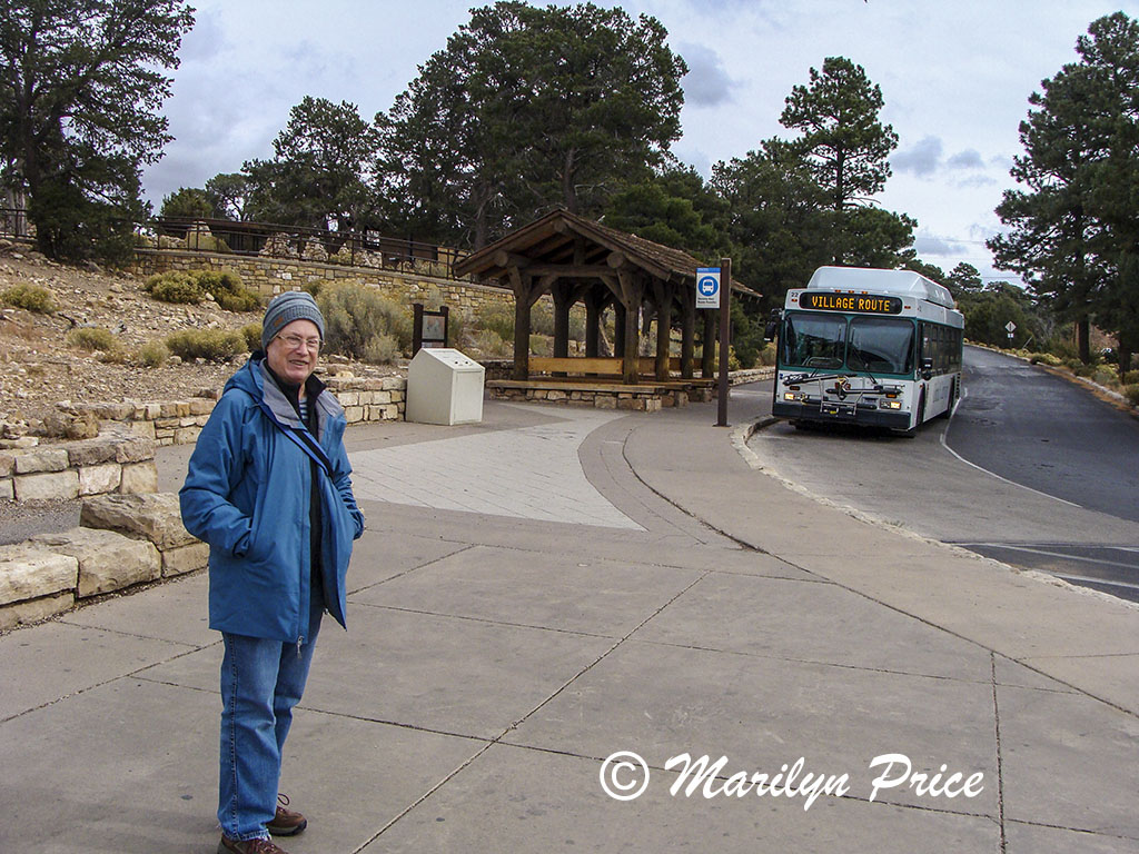 Marilyn waiting for the bus, Grand Canyon National Park, AZ