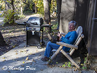 Marilyn, online and beer in hand, Oak Creek Canyon, AZ