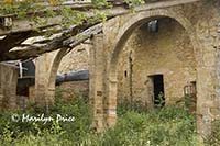 Front entrance of abandoned farm house, Tuscany, Italy