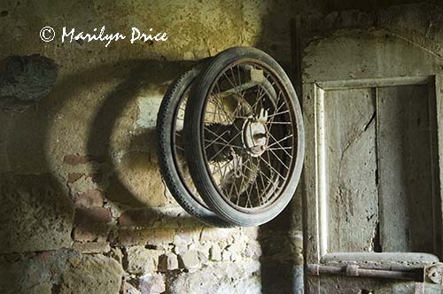 Bicycle wheels and door, Tuscany, Italy