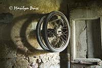 Bicycle wheels and door, Tuscany, Italy