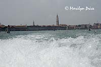 From the back of the vaporetto, spray and Arsenale, Venice, Italy