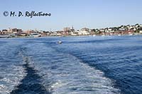 City skyline of Portland, ME, from the fantail of a ferry