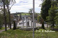 Looking towards the wharf from behind the war memorials in the park, Lunenburg, Nova Scotia