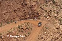 Bicyclists riding down Shafer Jeep Trail, Canyonlands National Park, UT