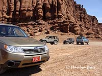 A Subaru among the Jeeps at 'Thelma and Louise' Point, Shafer Jeep trail, Canyonlands National Park, UT