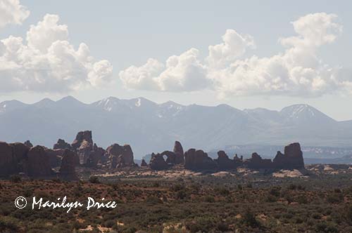 Formations and Lasal Mountains from trail around Balanced Rock, Arches National Park, UT