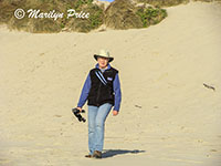 Marilyn descending the tall dunes, South Jetty and Dunes, OR