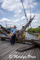 Carl and bowsprit on the replica trading vessel, Maritime Museum, Amsterdam, Netherlands