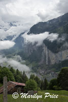 Waterfalls and cloud shrouded valley near Lauterbrunnen, Switzerland