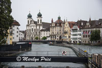 Lock, bridge, Jesuit Church, and Needle Dam from Chaff Bridge, oldest bridge in the city, Lucerne, Switzerland