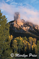 Autumn aspen with a chimney peeking through the clouds, Owl Creek Pass, San Juan Mountains, CO