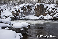 Snow pillows and cliffs just below Firehole Cascades, Yellowstone National Park, WY