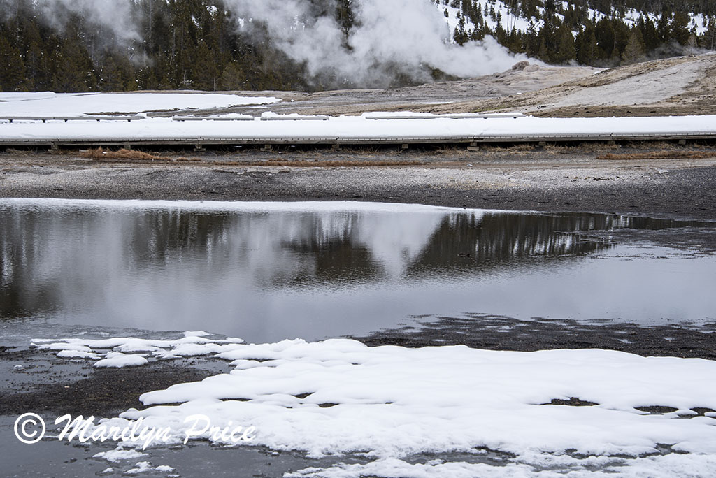 Old Faithful steaming and its reflection, Upper Geyser Basin, Yellowstone National Park, WY